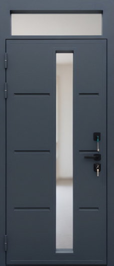 Уличная термодверь с остекленной фрамугой, выдавленным рисунком и полимерной покраской антрацит Уличная термодверь с остекленной фрамугой, выдавленным рисунком и полимерной покраской антрацит