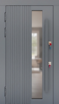 Утепленная входная термодверь со стеклом, бугельной ручкой и панелями МДФ графит Утепленная входная термодверь со стеклом, бугельной ручкой и панелями МДФ графит