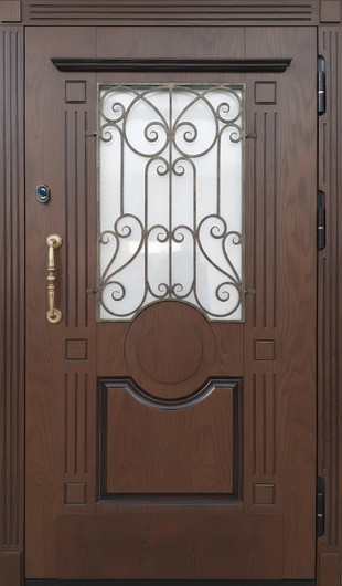 Металлическая термодверь со стеклопакетом, ковкой и панелями МДФ с фрезеровкой и багетом