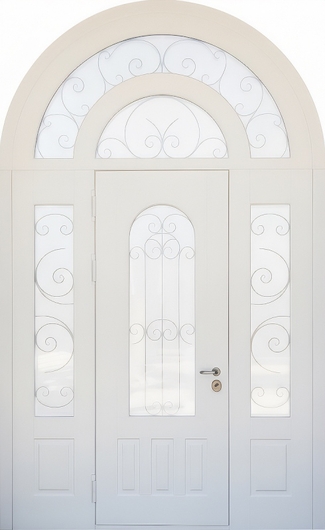 Арочная парадная дверь с терморазрывом, ковкой, стеклопакетами и белыми панелями МДФ